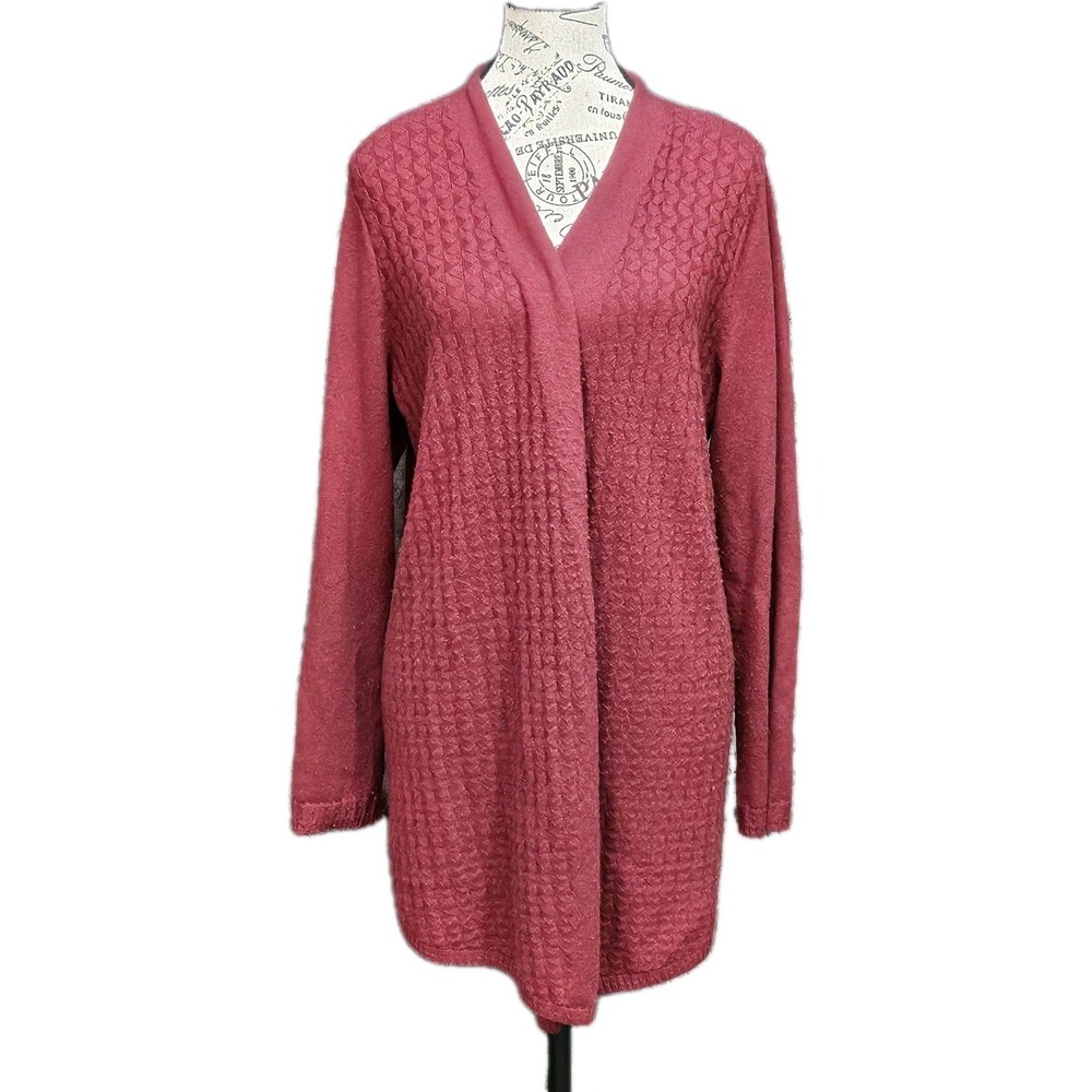 J Jill Cardigan Sweater Women M Red 100% Cashmere Longline Textured Quiet Luxury